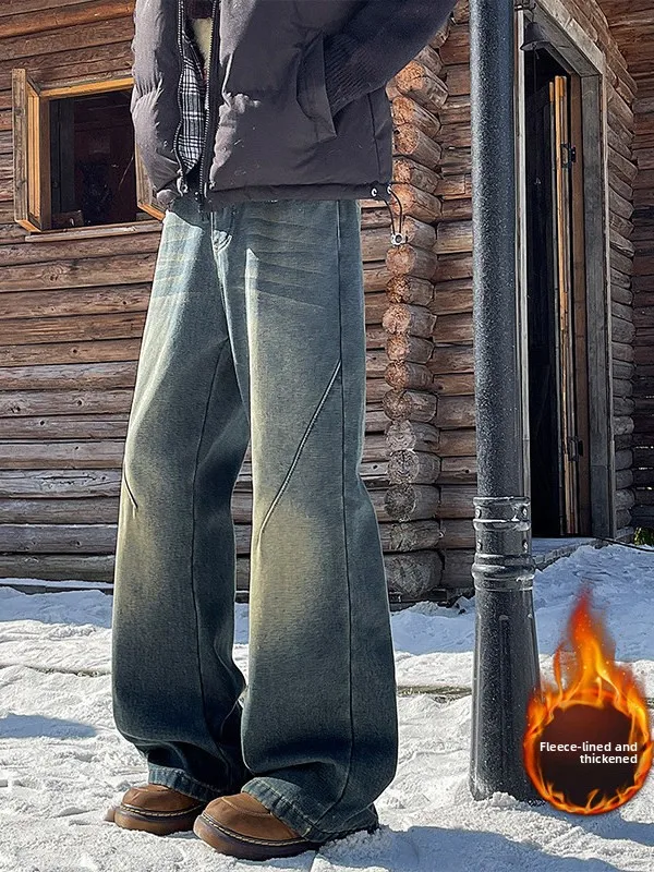 

Мужские удлиненные джинсы-клеш TANGZ Studio с флисовой подкладкой, американские широкие брюки для зимы, модные