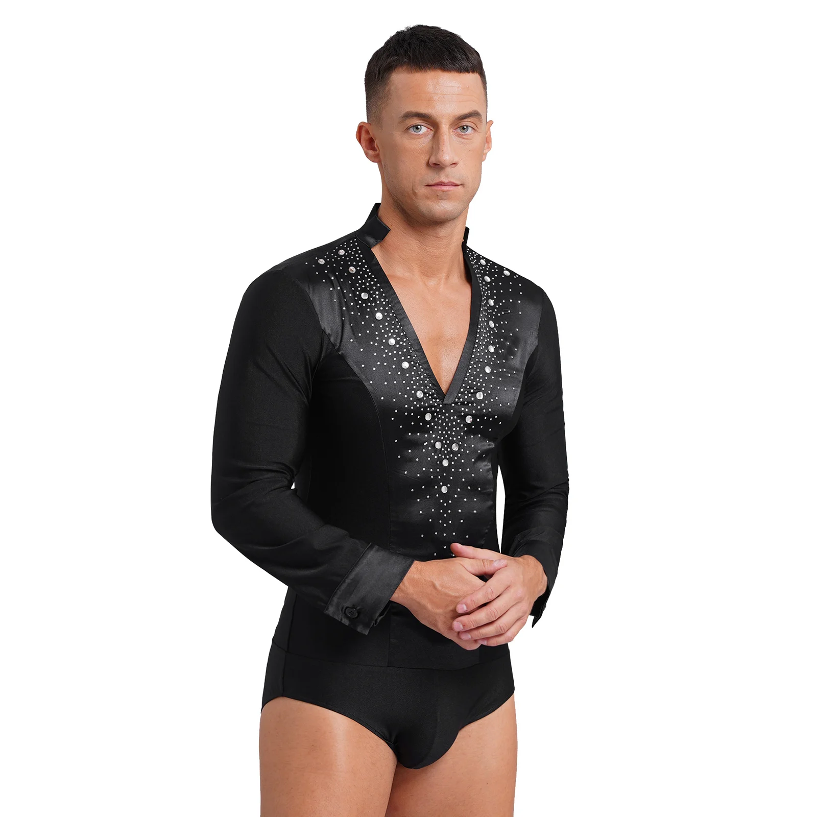 Men's Shiny Rhinestone V Neck Latin Dance Leotard Modern Jazz Rumba Chacha Ballroom Shirts Suit Competition Uniform