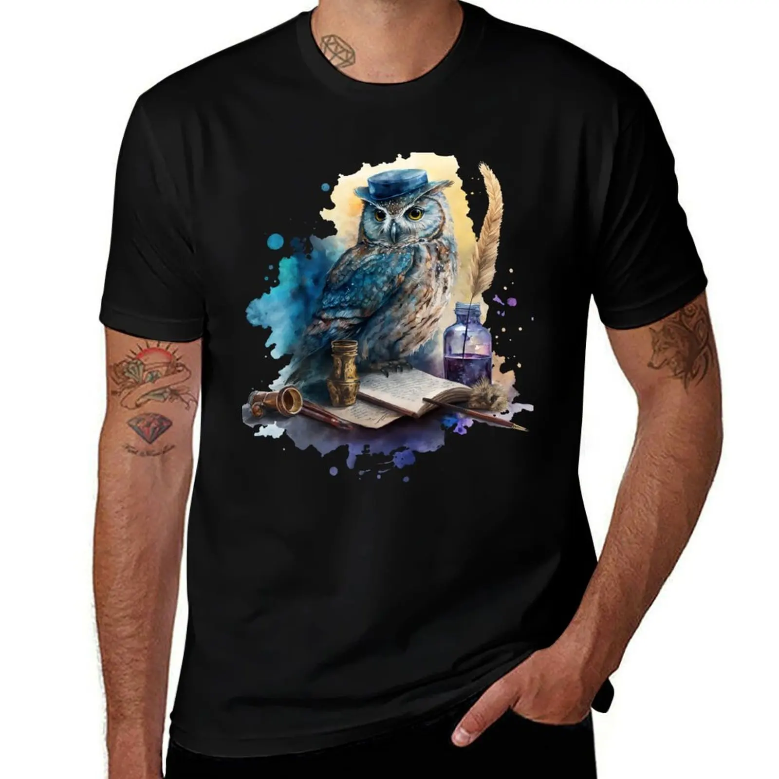 Whimsical Owl Companion in Watercolor T-Shirt Stretch Fabric Comfort T-Shirt