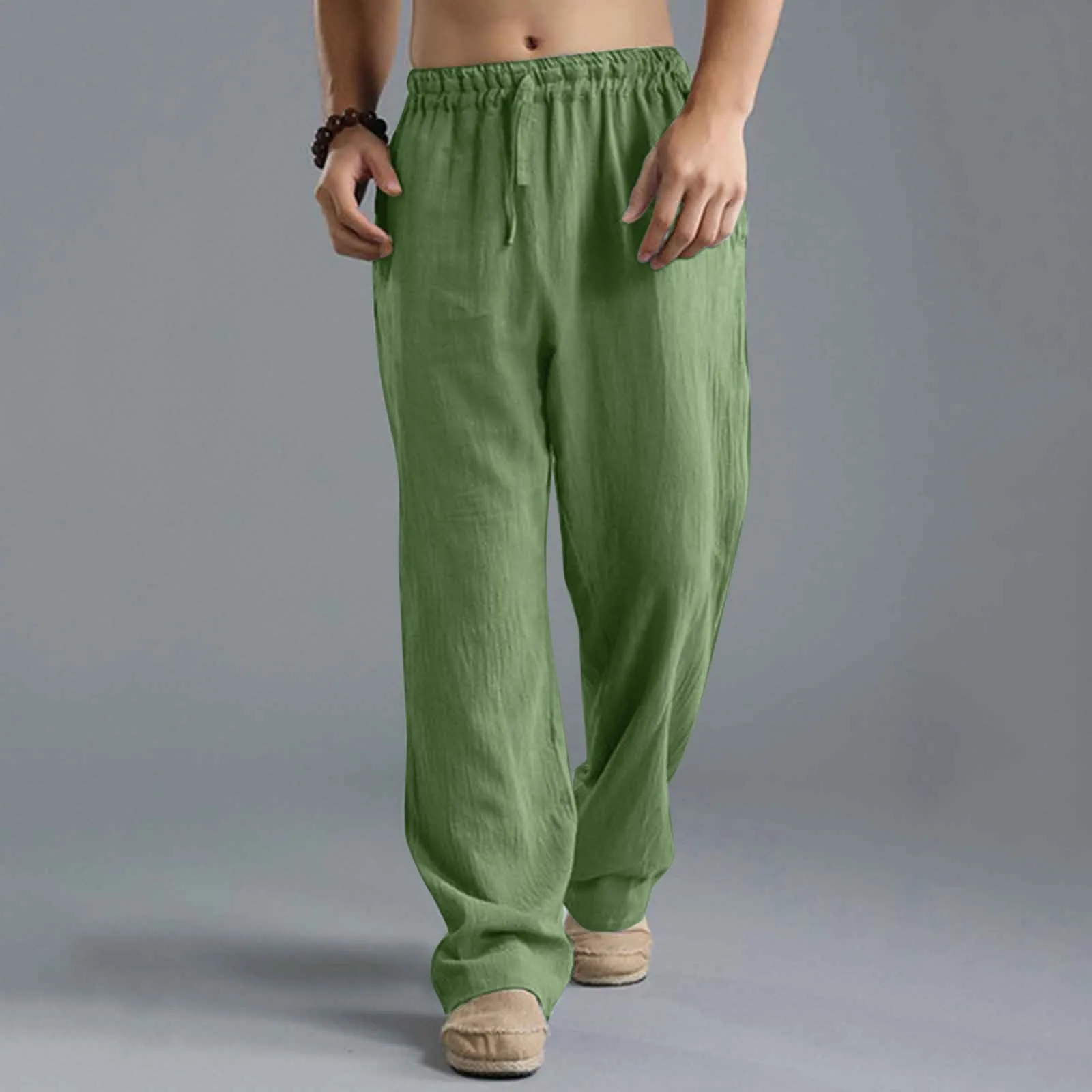 Pantalones De Yoga holgados De lino y algodón para Hombre, ropa informal con cordón, Verano