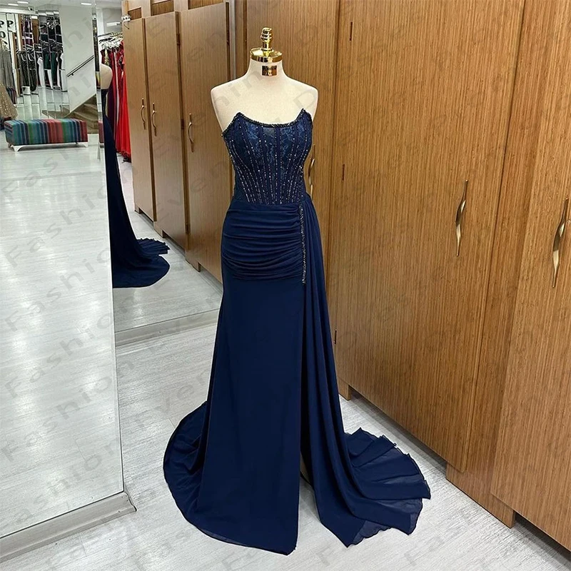 Navy Vrouwen Avondjurken Zeemeermin Sexy Off Shoulder Mouwloze Prinses Galajurken Formele Mode Celebrity Party Vestidos