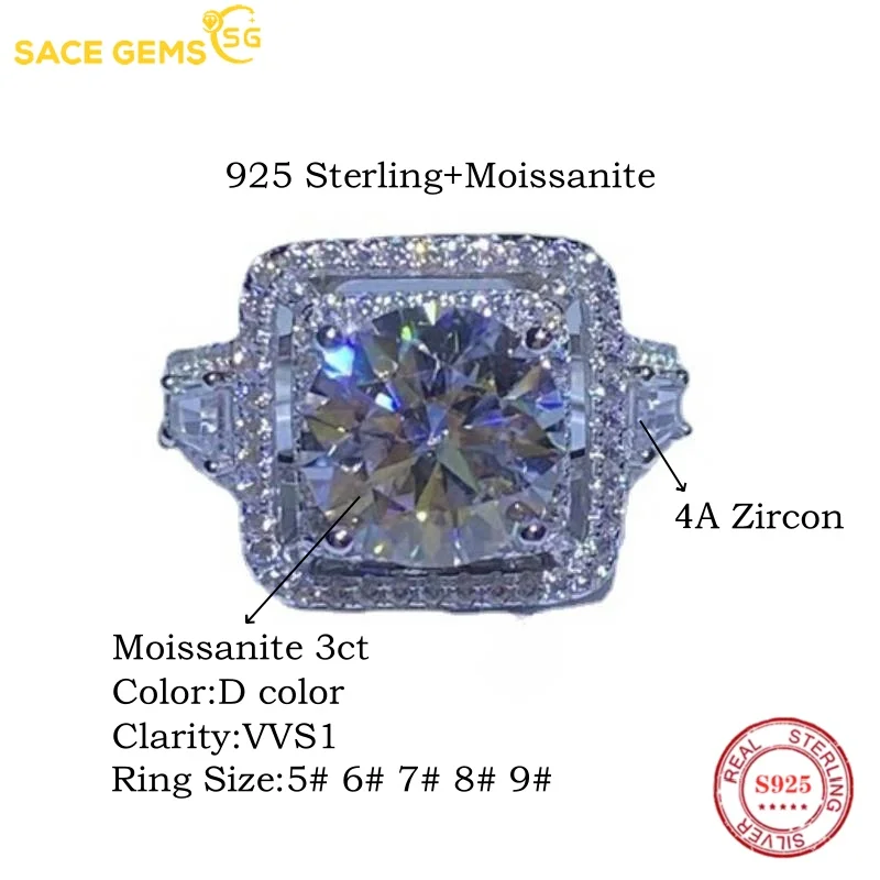 SACE الأحجار الكريمة الجديدة الفاخرة 925 فضة ريال GRA معتمد 5CT مويسانيتي خواتم مجوهرات للنساء المشاركة وعد الزفاف