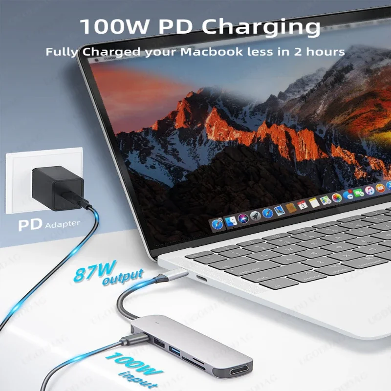 محول USB C Hub متعدد المنافذ 6 في 1 مع مخرج 4K HDMI متوافق مع SD TF USB 3.0 PD 100W لجهاز MacBook Pro/ Air Type-C