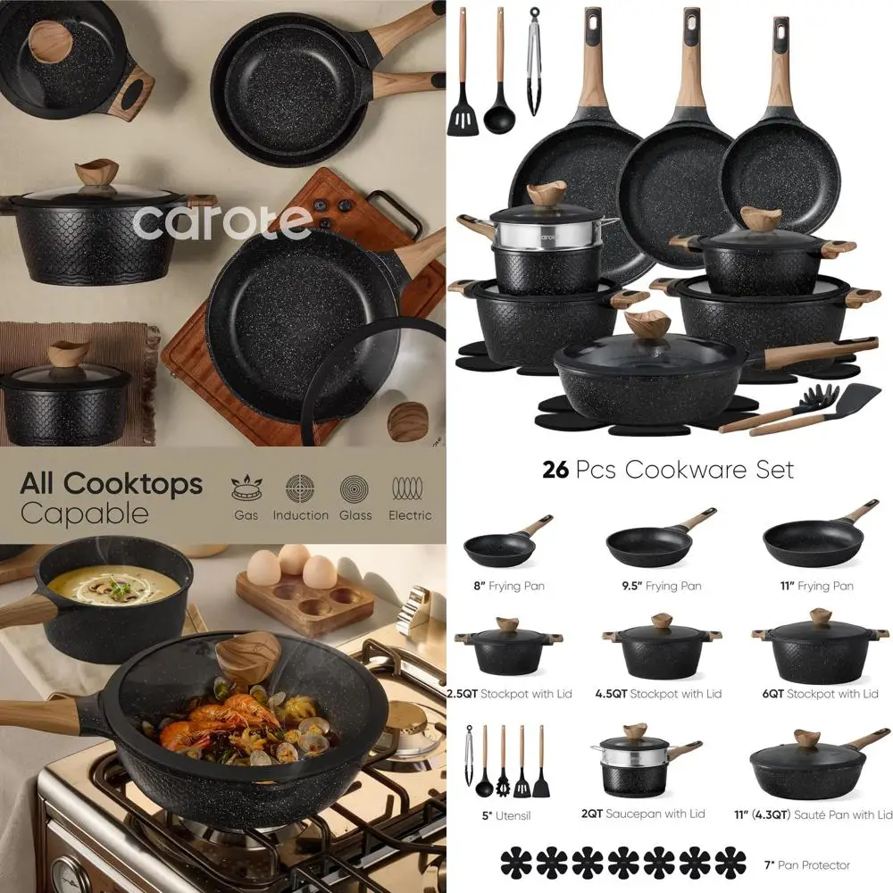 

26-предметный набор посуды с антипригарным покрытием, совместимый с индукционными плитами, черная кухонная утварь