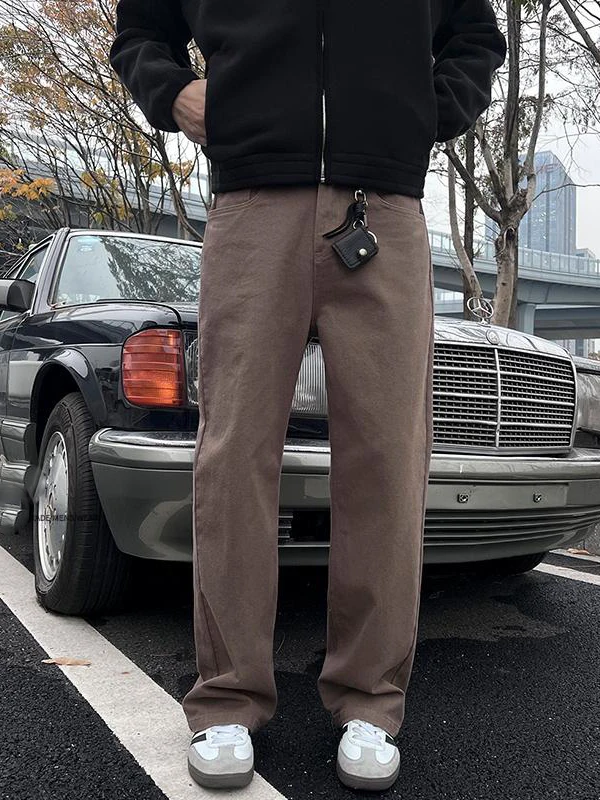 

Винтажные коричневые джинсы для мужчин, зимние, премиум-класса, прямого кроя, модные, стильные, износостойкие, эластичные, свободного кроя.