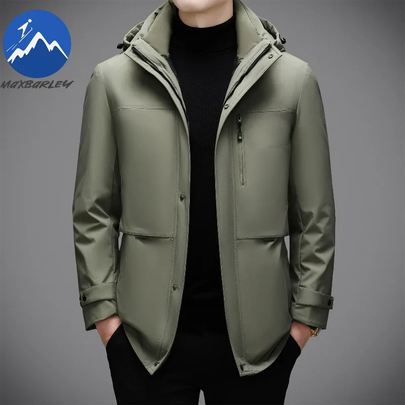 Maxbarley  Mens Down Jacket Thickened Business Casual Lightweight Padded Jacket Trendy Detachable Hooded Outdoor Winter Coats