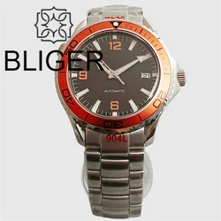 BLIGER 41mm Automatic Watch For Men Orange Bezel Sapphire Glass With Green Luminous Dial NH35 Mingzhu2813 Miyota8215 PT5000 Date