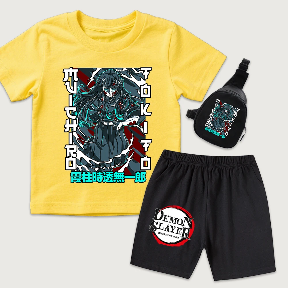 Demon Slayer Muichiro Tokito Anime Print Kids Cotton T Shirt And Shorts Mini Chest Bag 3 Piece Set Boys Girls Summer Outfits view 6