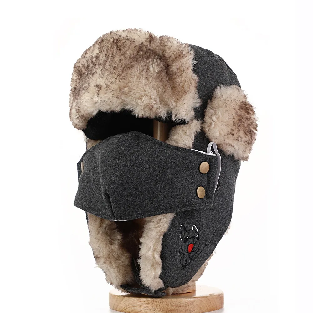 New Faux Fur Lining Trapper Hat Waterproof Warm Earflap Hat With Facemask Bomber Hat Cycling
