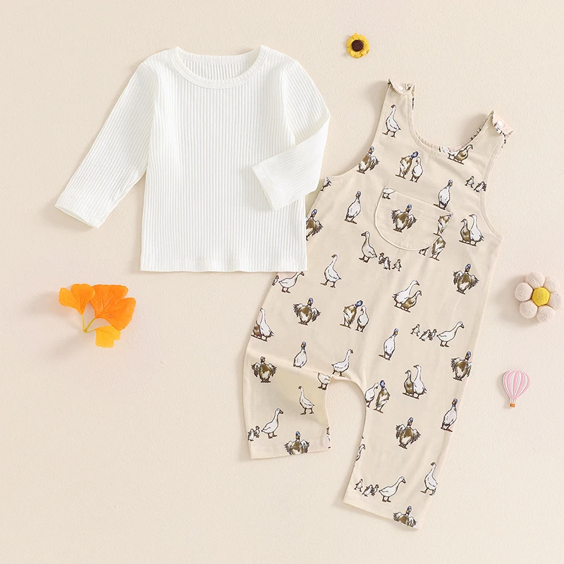 

2024-06-05 Lioraitiin Baby Girl Fall Outfits Ribbed Solid Color Long Sleeve Tops Duck Print Suspender Pants Overalls 2Pcs Set