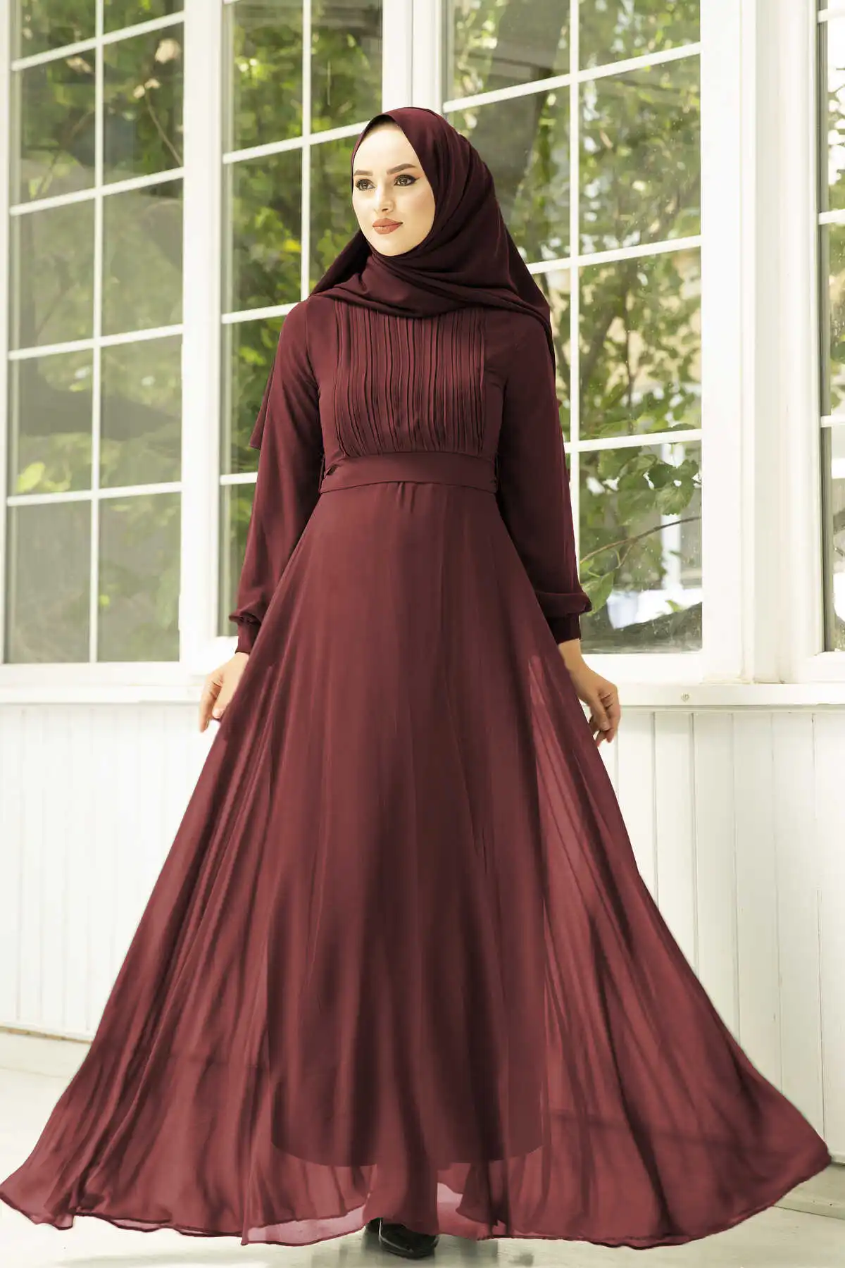 Drapeli Chiffon Hijab Evening Dress Burgundy