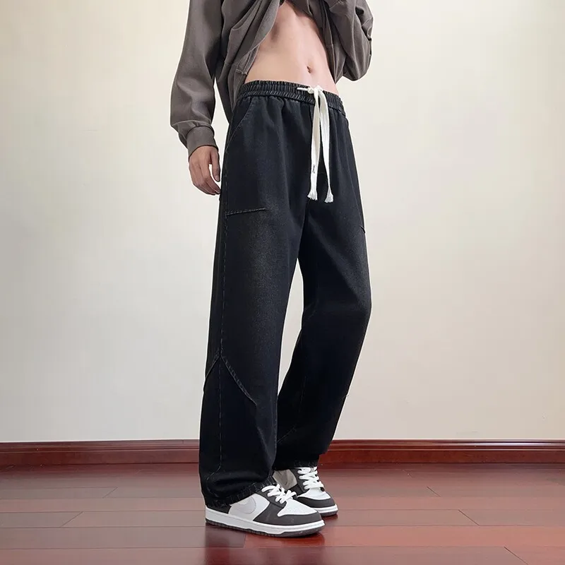 High Streetwear Casual Men's Drawstring Cotton Jeans Spring Autumn Straight Denim Pant Male Loose Breathable Full-Length Trouser
