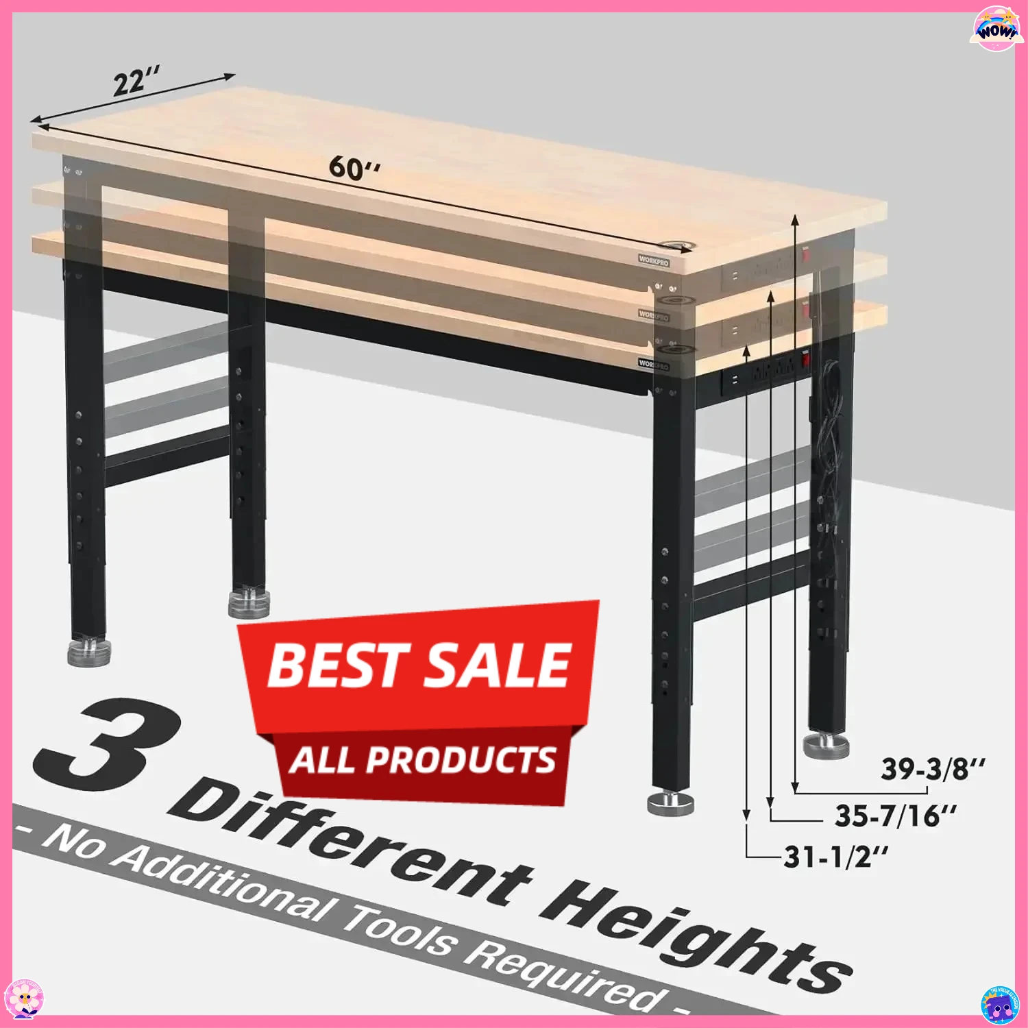 

60" Adjustable Workbench, Rubber Wood Top Heavy-Duty Workstation, Worktable with Power Outlets,for Workshop,Garage, Office, Home