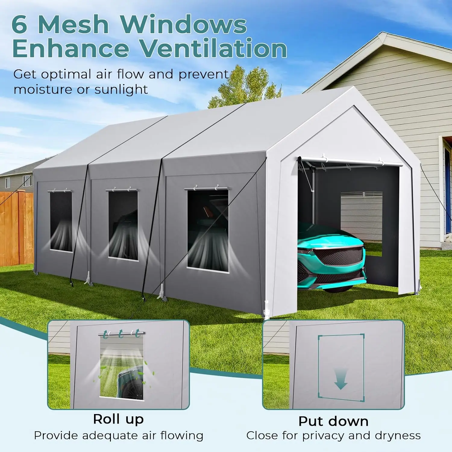 Carport 10x20 ft Heavy Duty, Car Port with Reinforced Steel Frame and 6 Roll-up Windows, Portable Garage with Sturdy, Custom view 4