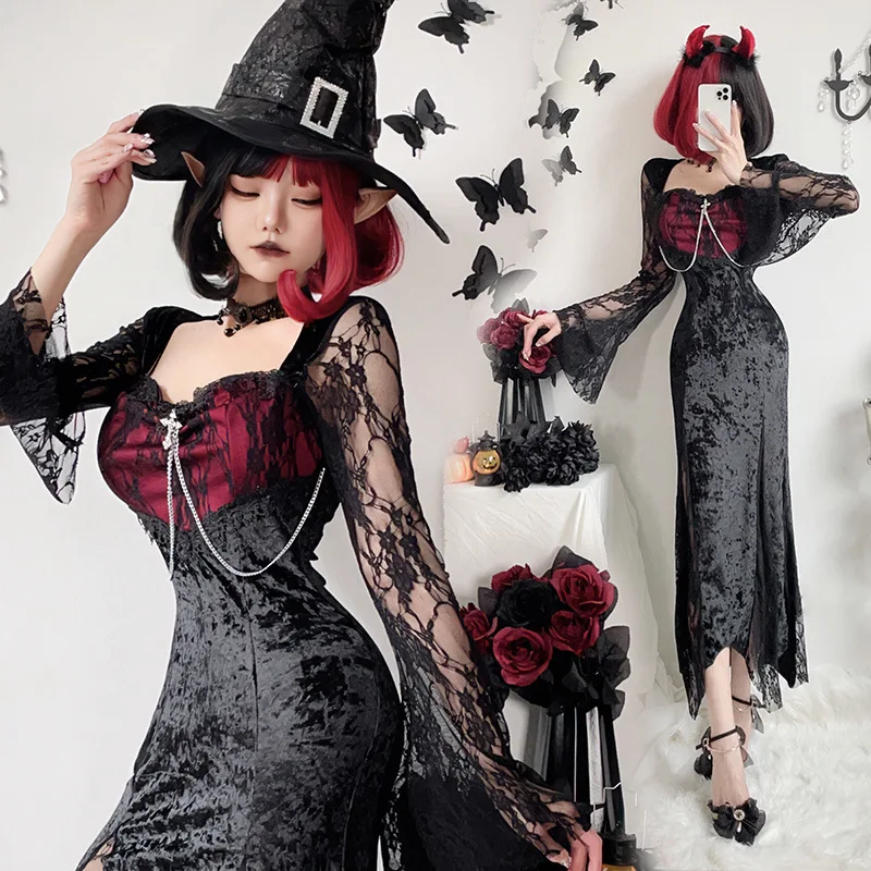 

Festival Play Costumes Dark Gothic Halloween Costumes Black Dress Witch Long Dress Vampire Bridal Costumes