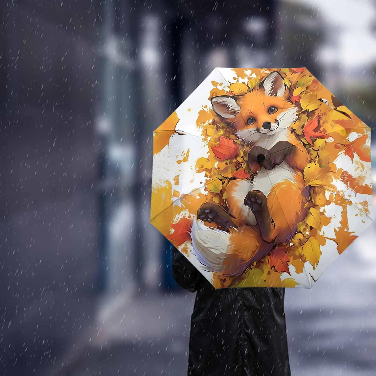 Autumn Leaf Cartoon Animal Fox Automatic Umbrella Portable Folding Sunny and Rainy Umbrella Women Parasol Umbrella