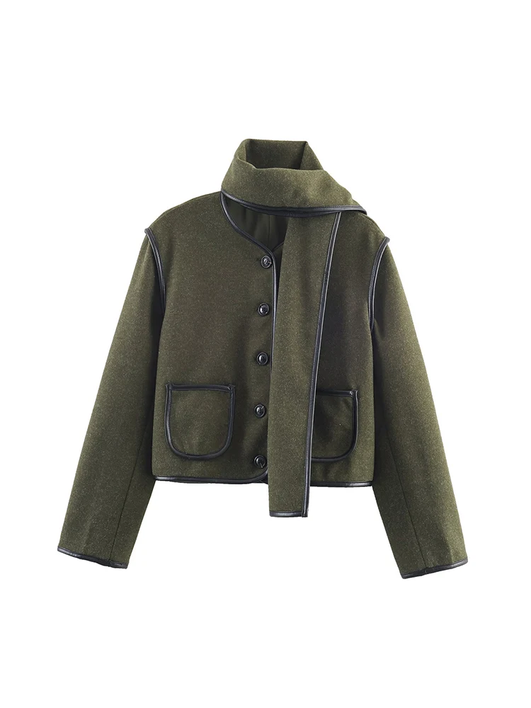 

European style new women's fashion versatile temperament simple round neck woolen pu hemming scarf coat