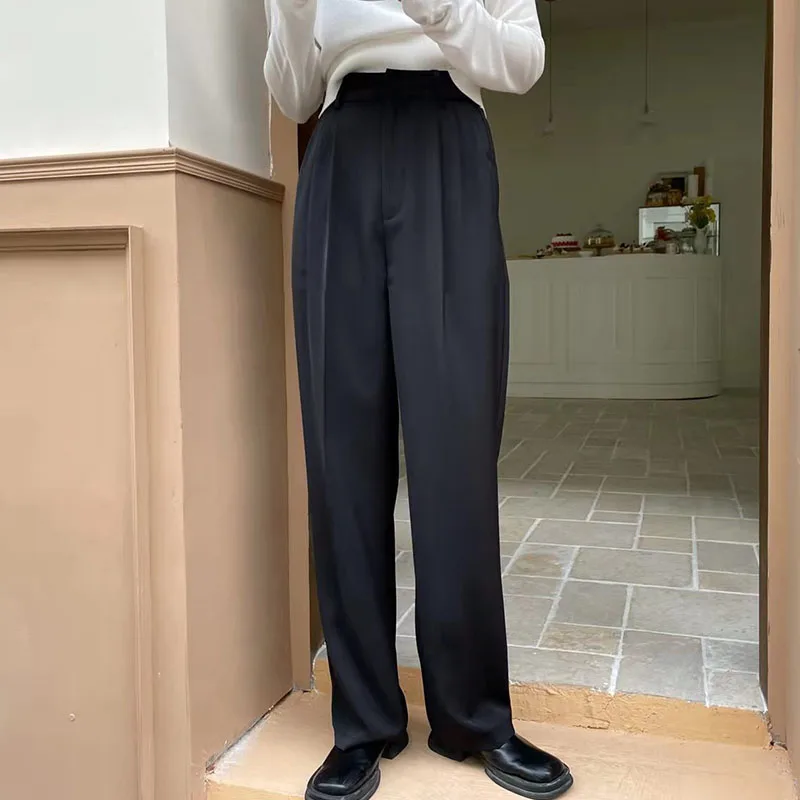 

Chic High Waist Wide Leg Pants Women's Straight Cut Drapey Long Trousers Summer Versatile Slimming Pleated Design Korean Sle