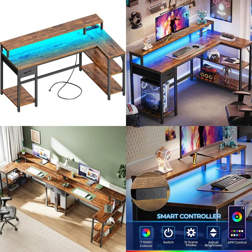 

53 Inch Reversible L-Shaped Desk with LED Lighting and Power Outlets, Computer Desk with Storage Shelves and Monitor Stand for G