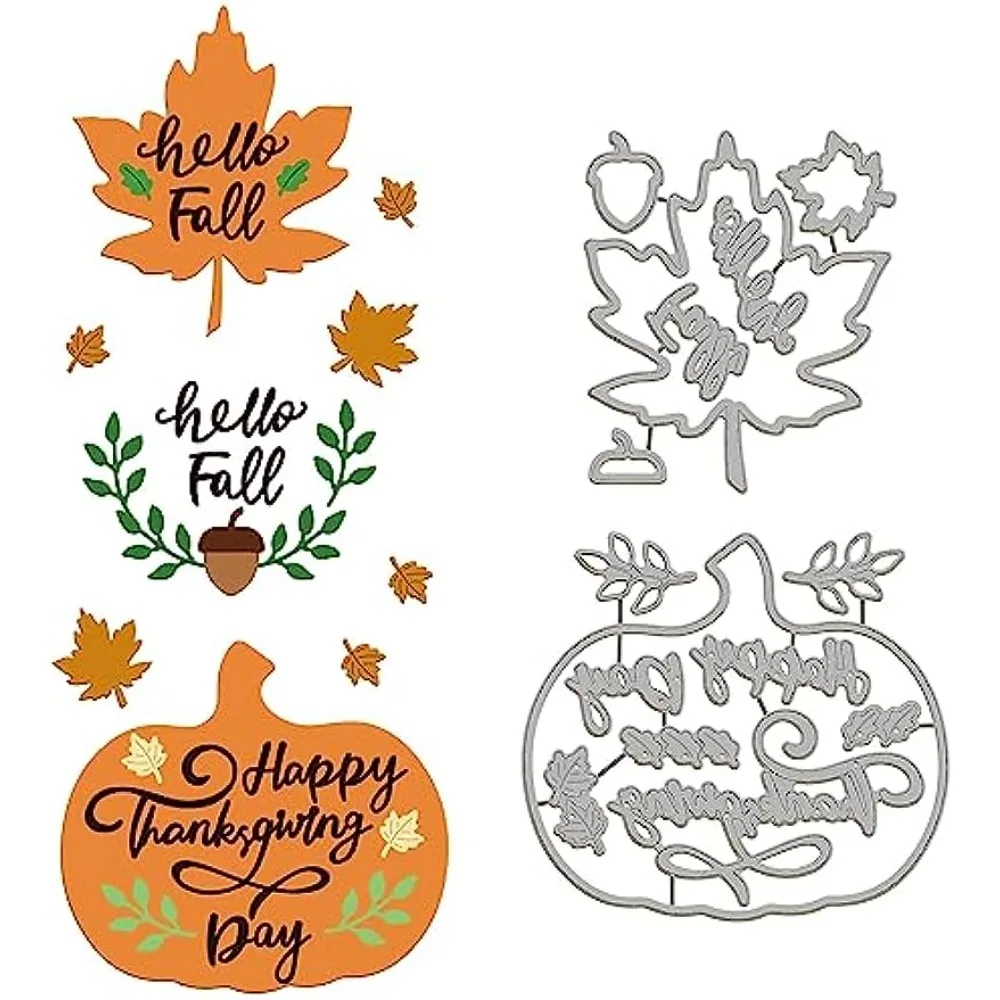 2 Sets Fall Thanksgiving Greetings Cutting Dies for DIY Scrapbooking Metal Autumn Pumpkin Maple Leaf Die Cuts Embossing Stencils