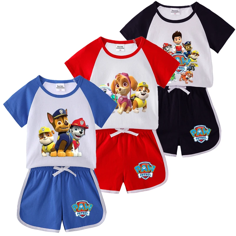 Vêtements d\'été pour garçons, tenue imprimée dessin animé PAW Patrol, t-shirt à manches courtes + short, 2 pièces, nouvelle collection 2024