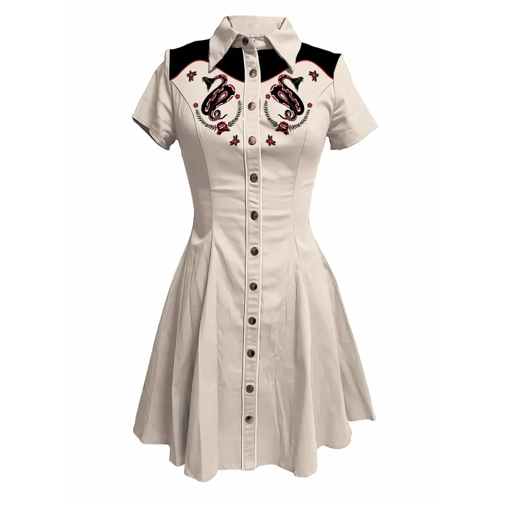 Bloemen en slangen bedrukte westerse cowboyjurk dames button-down jurk korte mouwen 100% katoenen jurk cool punk streetwear