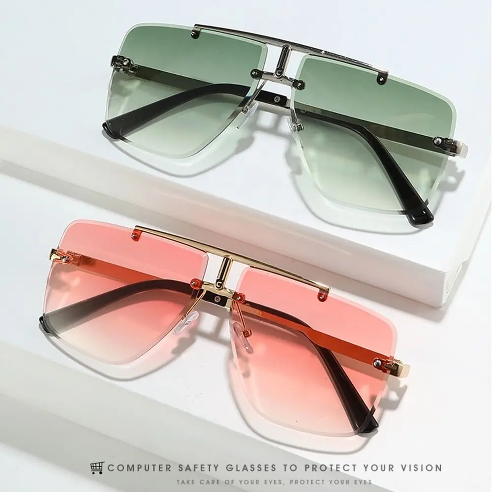 Oversized Double Bridge Frameless Sunglasses Vintage Square Frame Men's Shades Rimless Gradient Lens Sun Glasses