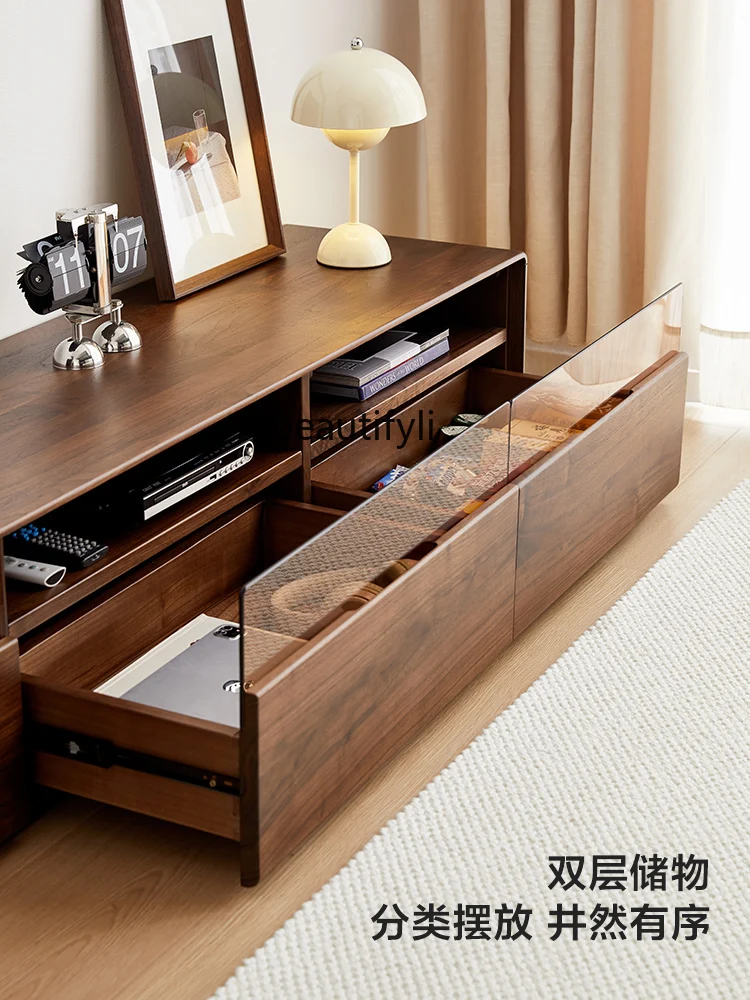 Nordic Solid Wood TV Cabinet Black Walnut Wooden Floor Cabinet Glass Modern Minimalist Living Room Side Cabinet