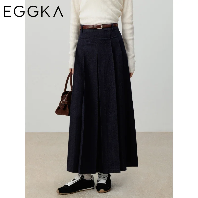 EGGKA Solid Color Brushed Pleated Skirt Elegant Mid-length High-waisted A-line Skirts 2024 Autumn Korean Fashion Commuter Skirts