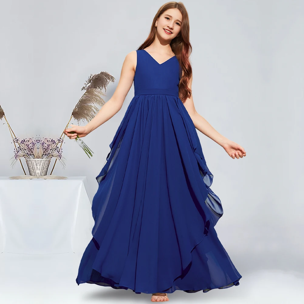 

A-line V-Neck Floor-Length Chiffon Junior Bridesmaid Dress With Cascading Ruffles Flower Elegant Girl Dress for Wedding Party