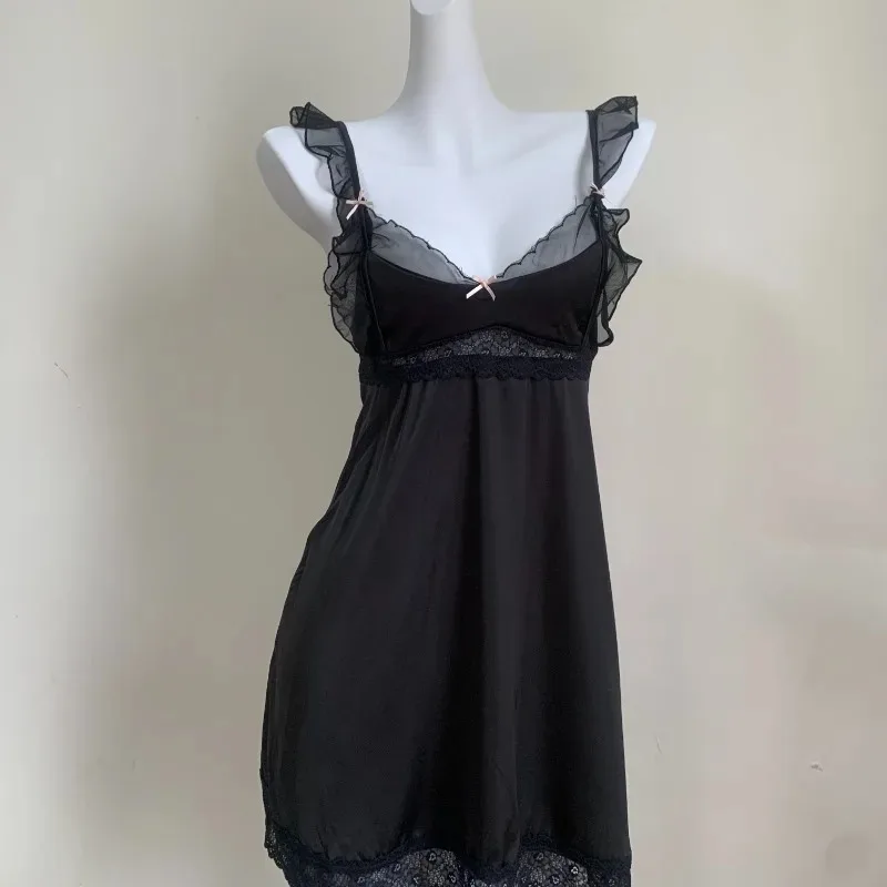 

Romantic Nightgown for Women Cute Lace Ruffles Sling Nightdress Black French V-neck Mini Sleep Dress Lingerie Sexy Sleepwear