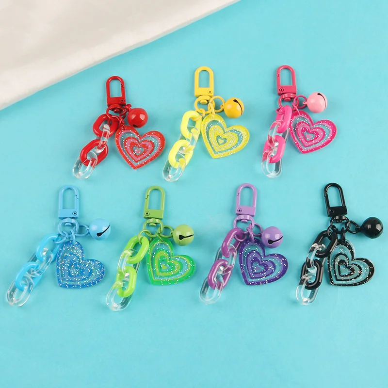 Lovely Girl Bells Transparent Heart Keychain Fashion Simplicity Acrylic Chain Pendant Women Earphone Case Jewelry Couple Trinket