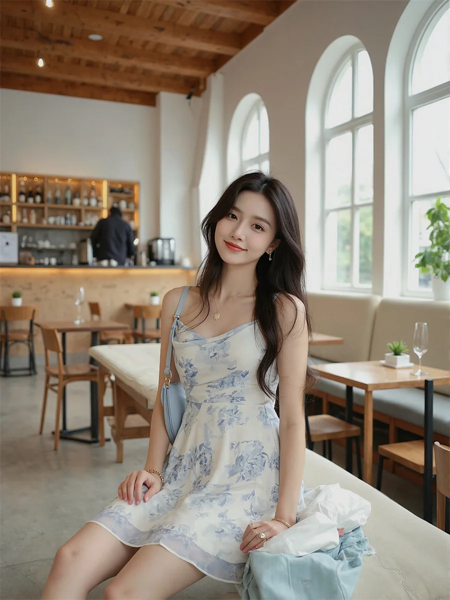 فساتين شيفون صغيرة مُزينة بالزهور باللون الأزرق السماوي للنساء مزينة بطبقات كشكشة للكلية حديثة وبسيطة فنية أنيقة مرقعة أنثوية