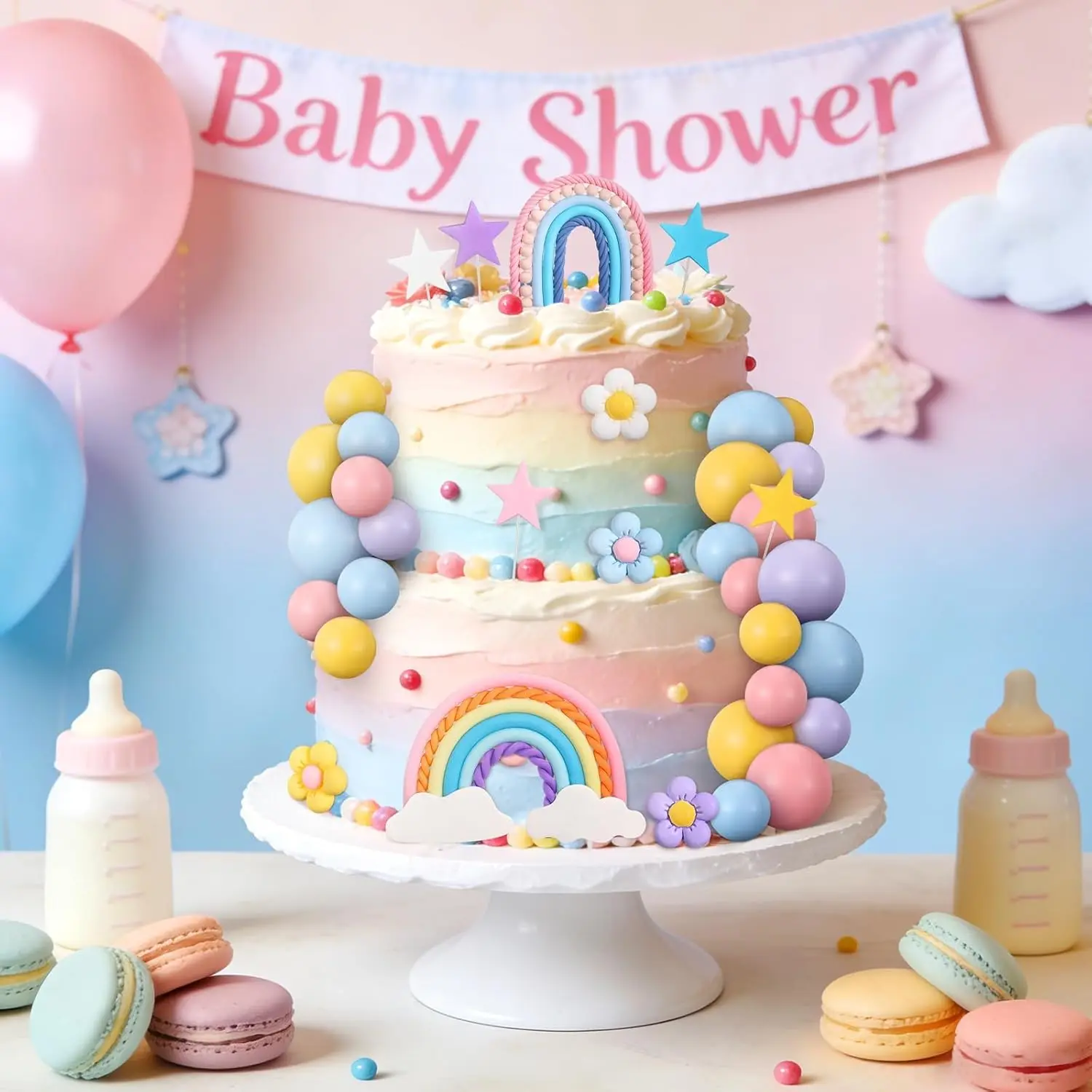 32-teiliges Regenbogen-Kuchenaufsatz-Set mit Blumen- und Sternmotiven, Boho-Groovy Kuchendekoration für Geburtstag und Hochzeit – Detail 3