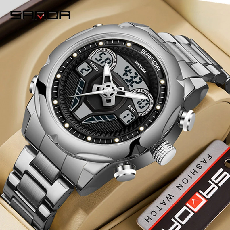 SANDA 9022 Steering Wheel Design Watch Fashion Men\'s Sport Watches Chronograph Quartz Wristwatch Military Waterproof Steel Clock