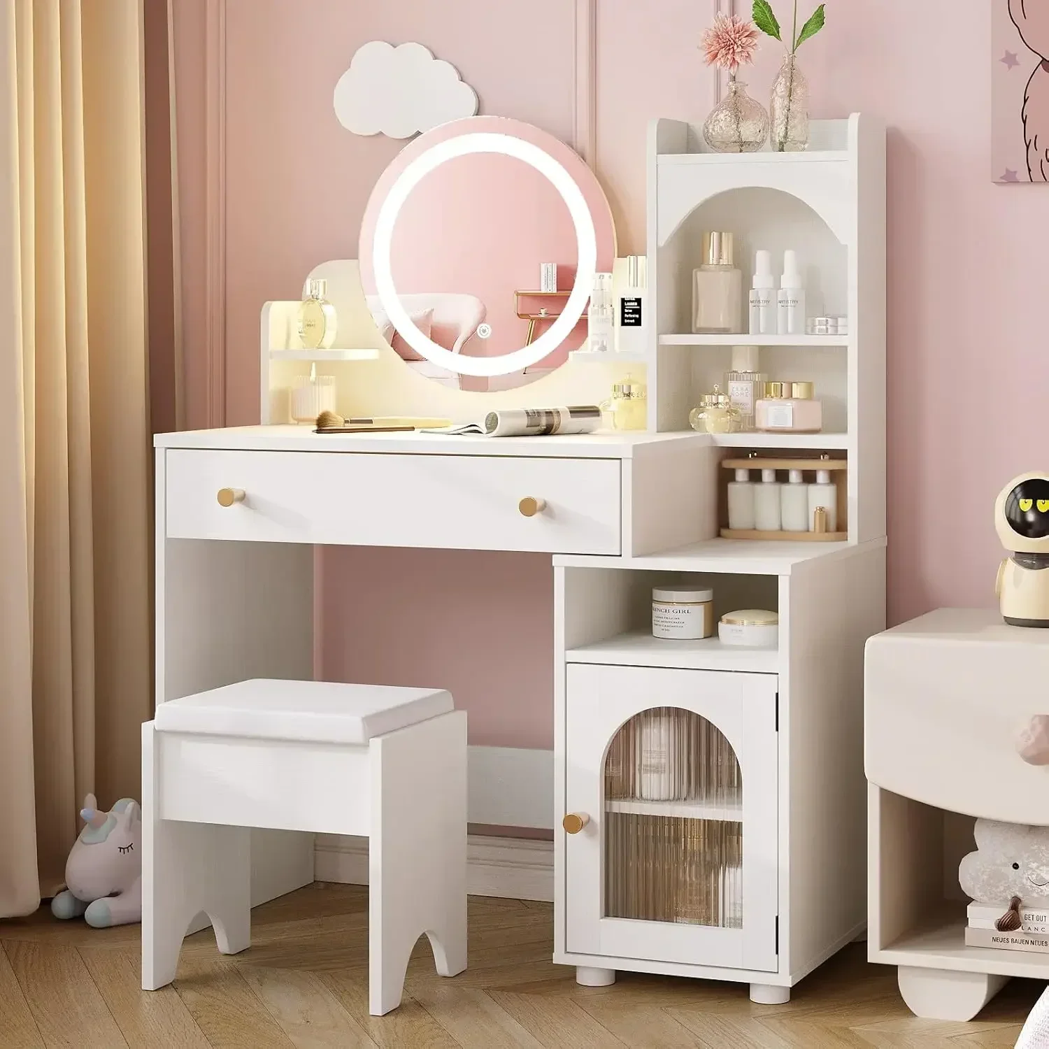 Vabches Kids Vanity Table and Chair Set, Toddler Dressing Table for 5-12 Year Old Little Girls, 2 in 1 Princess Makeup Vanity wi
