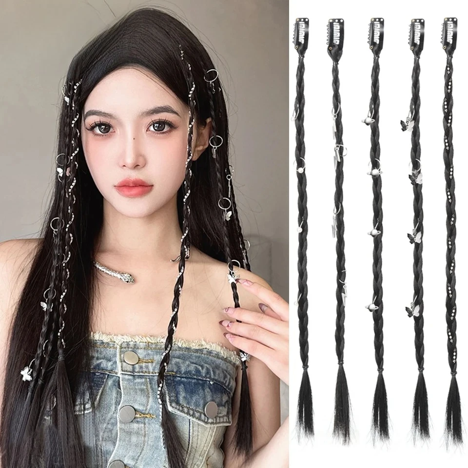 

2PC/Pack Long Black Braids Hairpiece with Accessories Synthetic Y2K Spice Girl Boxing Braid Clip in Hair Extensions Daily Wear