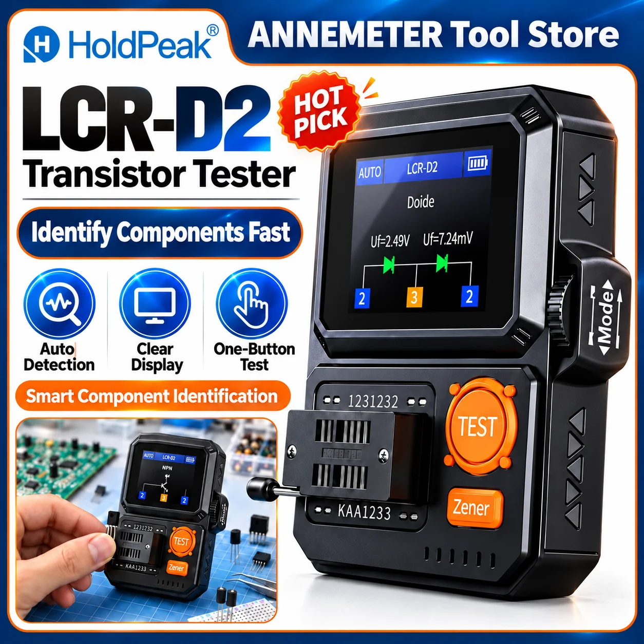 LCR-D2 Transistor Tester Handheld Digital LCR Meter with TFT Color Display, Resistance Capacitance Inductance Zener Diode Tester