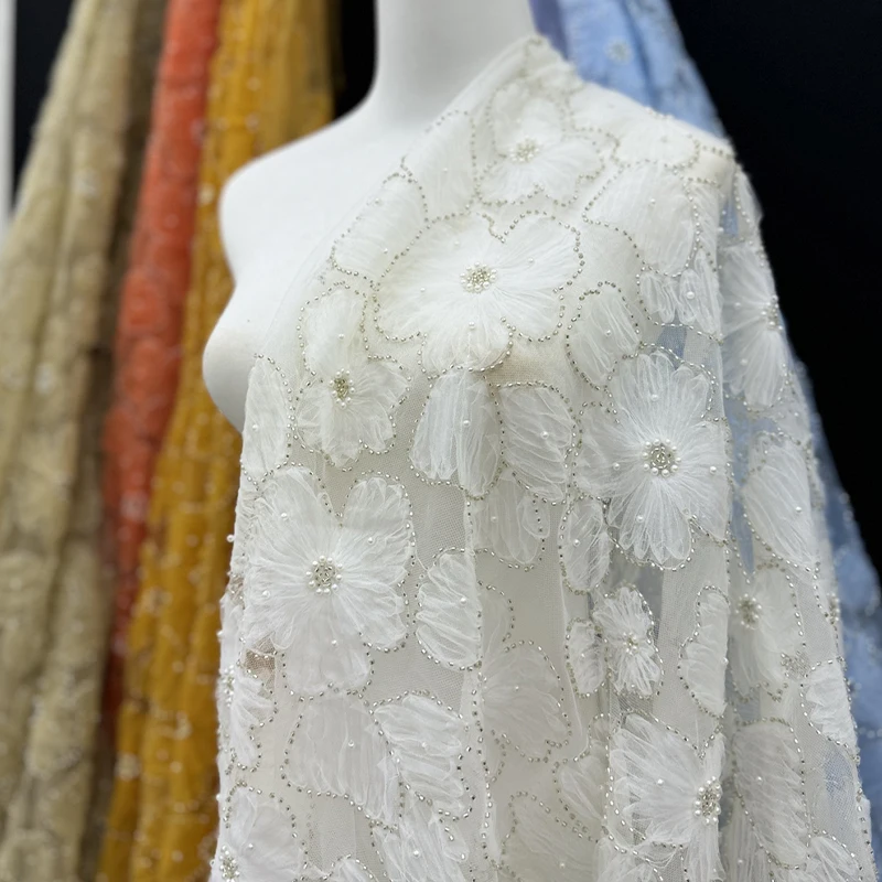 90x130cm 3D Embroidered Lace Mesh Fabric Flowers Silver Beaded Wedding Dress Designer Craft Fabric DIY Sewing Accessories