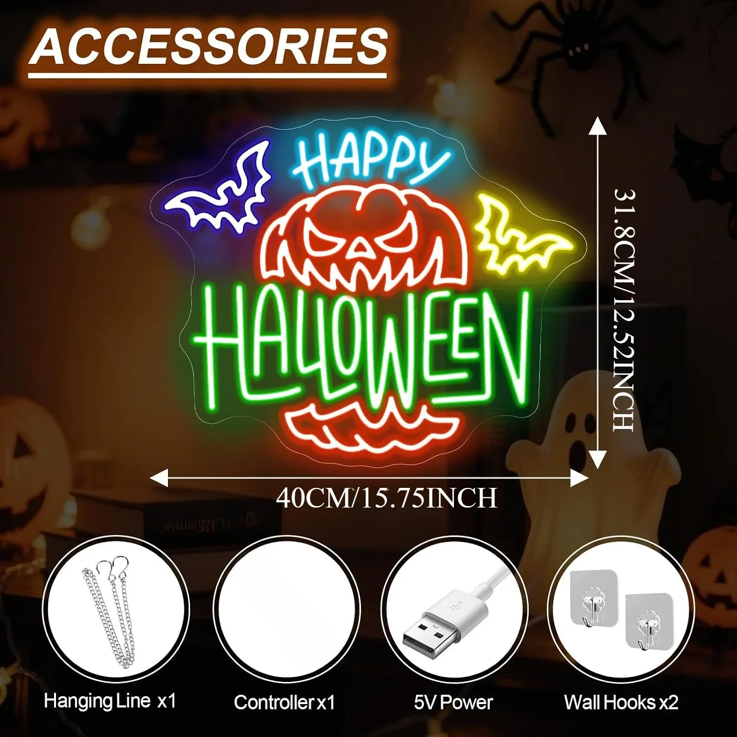 Happy Halloween Neon Sign, USB Powered LED Neon Light, Halloween Party Bedroom Bar Gaming Room Holiday Decoration Gift