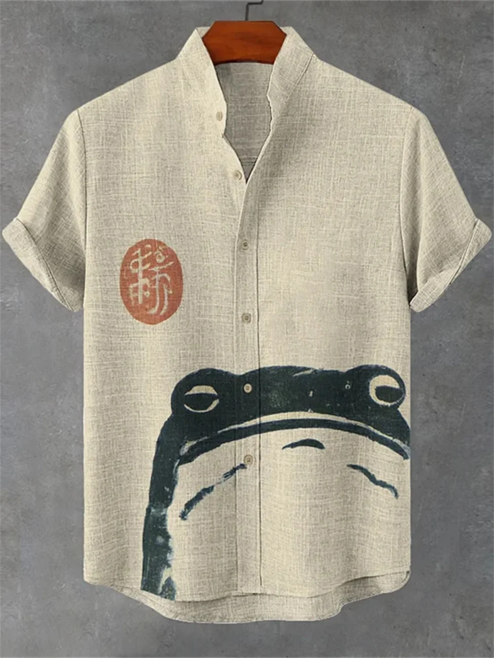Men's Frog Abstract Print Short Sleeve Linen Shirt Stand up Collar Casual Breathable Top Fashionable Summer Cardigan