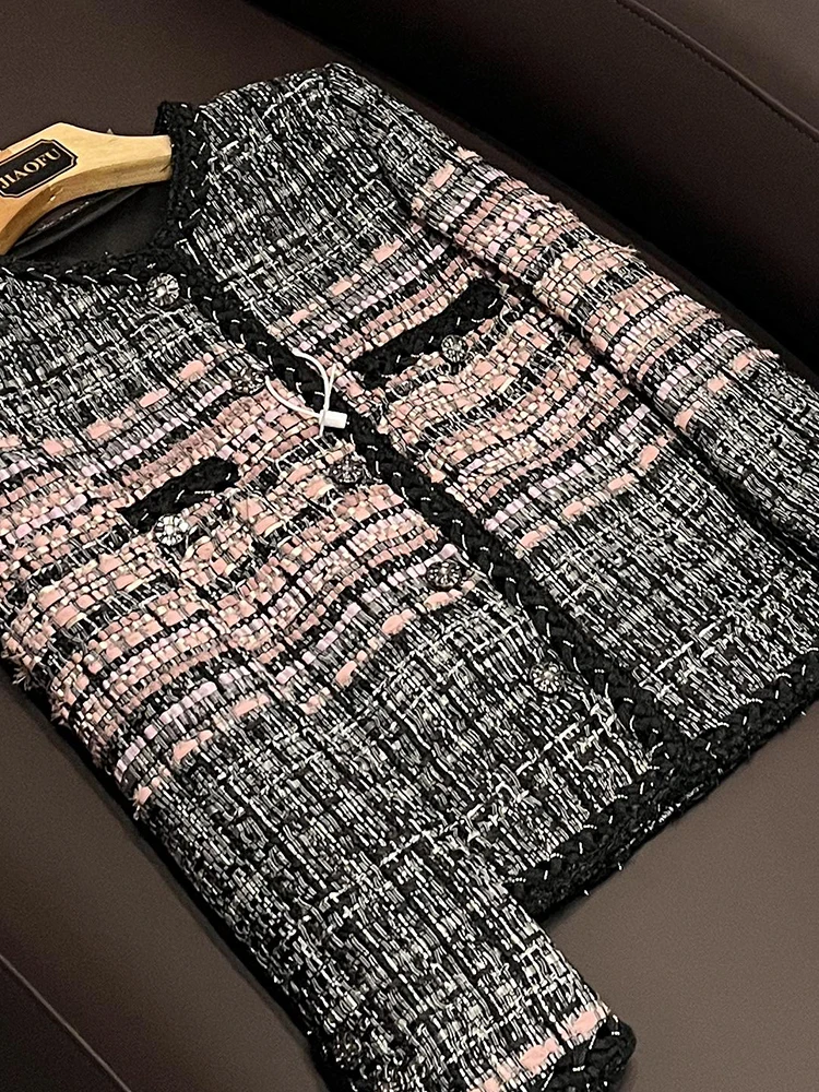 

Ele Vintage Knitted Tweed Pearl Chain Trim Women's Jaet 2025 Winter Collection Long Sve Premium Quali Outerwear