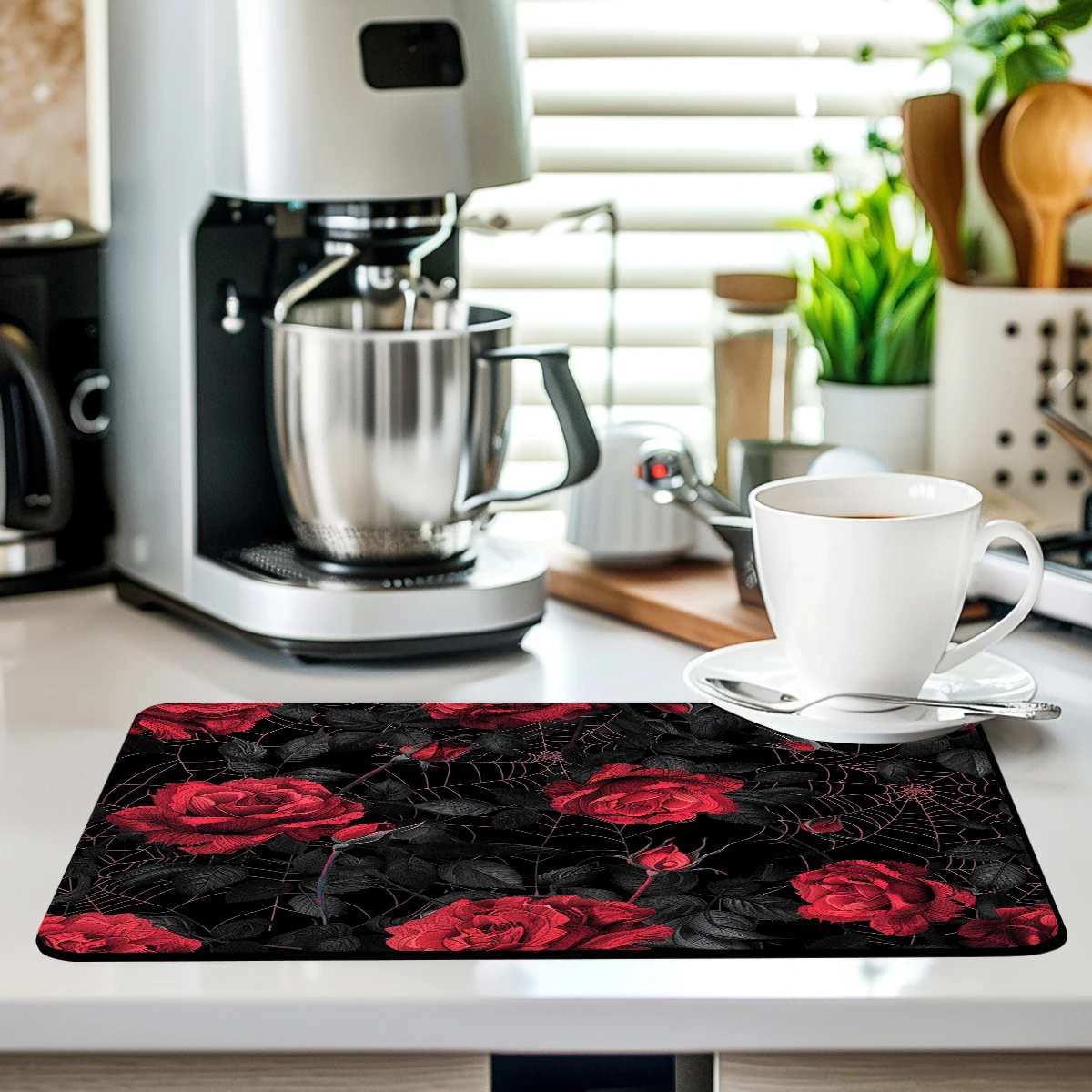 Kitchen Drying Mat Rose Spider Web Dry Coffee Mat Absorbent Dish Placemat   Table Cup Drying Mats Table Decoration Accessories