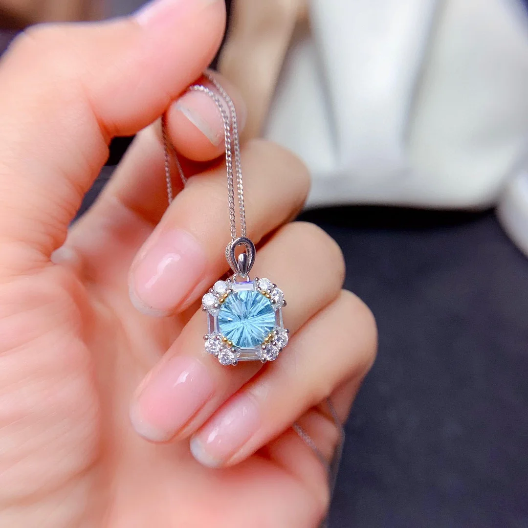 2-Karat-Aquamarin, Rubin-Set Ring-Anhänger-Ohrringe, Geeignet für Damen-Verlobungsschmuck – Detail 7