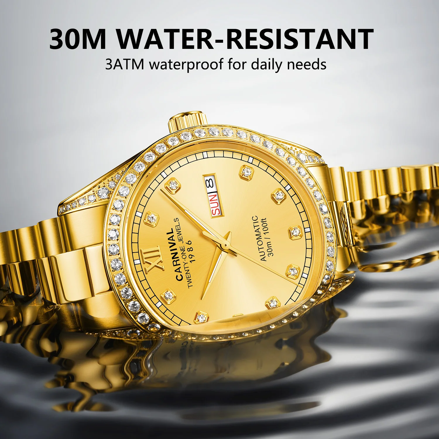 Mens Full Gold Watch,Automatic Mechanical Gilded Steel Self-Wind Sapphire Glass Waterproof Watch,Diamond Business Stainless Stee