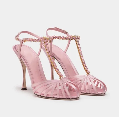 

Bling Rhinestone Round Toe Summer Women Sandals Stiletto High Heel Buckle Strap Design Large Size Customized Fashion Lady Shoes