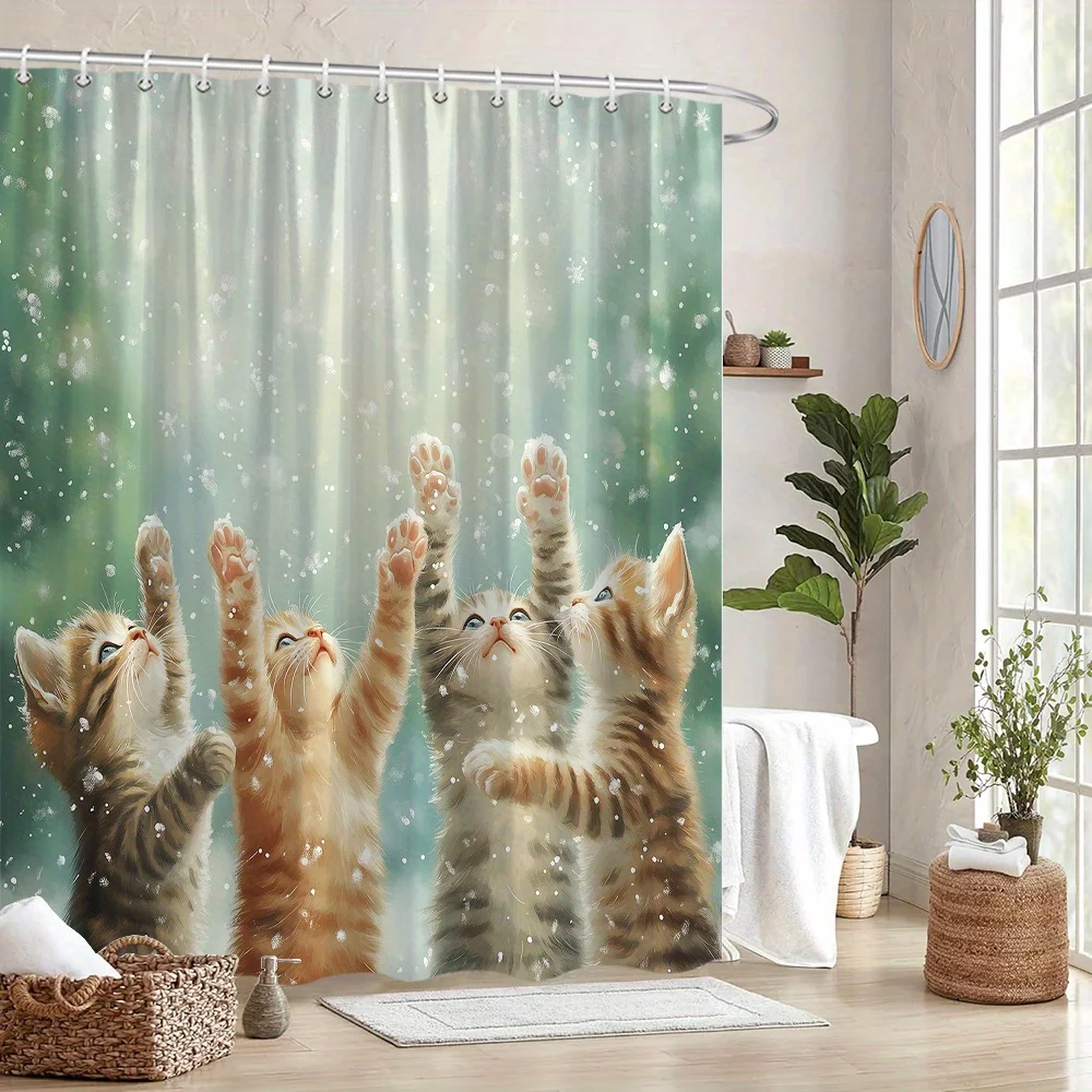 

Playful Kittens Shower Curtain, Four Adorable Kittens in Snowy Scene, Soft Ethereal Light & Snowflakes, Durable Polyester