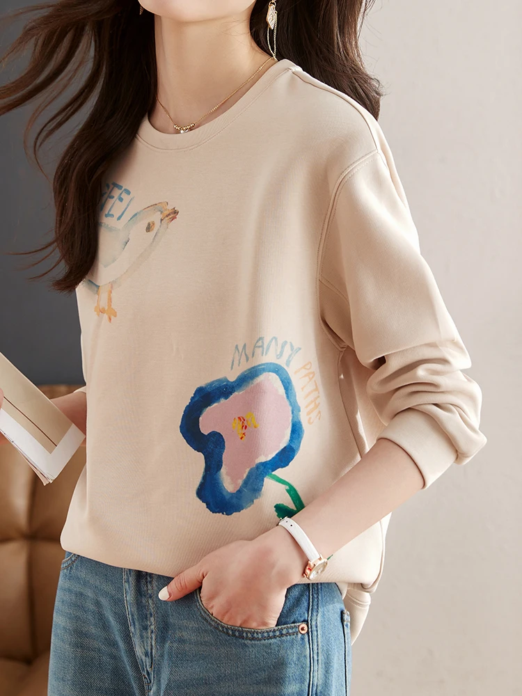 Vintage Fashion Printed Sweatshirts Women 2023 New Long Sleeve Loose Casual Streetwear Pullovers Female Fall Tops Jumper Apricot