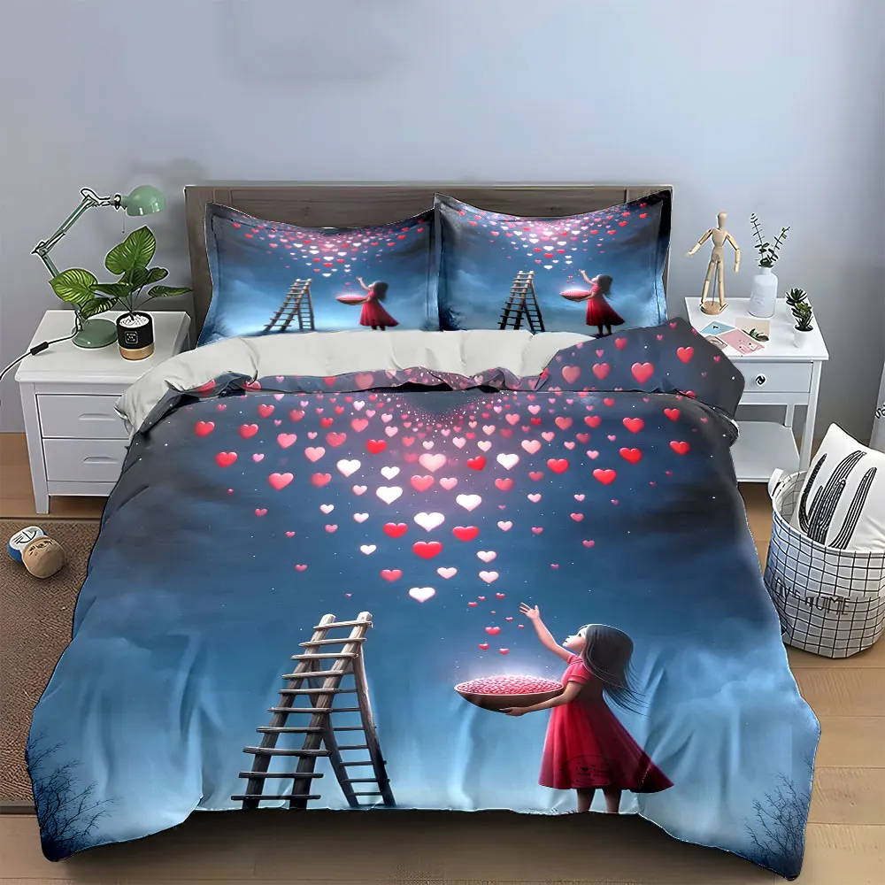 Girl Catching Falling Hearts Night Sky Duvet Cover Set, Romantic Dream Bedding Includes 1 Duvet Cover And 2 Pillowcase, Gift