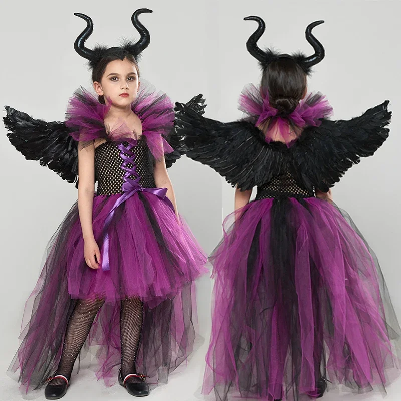 Maleficent Halloween Children Costume Tulle Dress Girls Cosplay Vestidos Party Evil Queen Mesh Princess Dress Witch Clothes